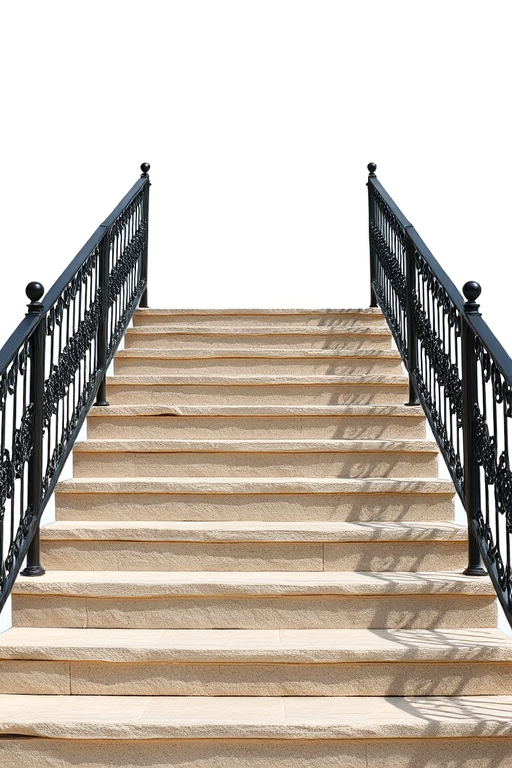a straight set of stone stairs with a wrought iron railing on either side, against a transparent background