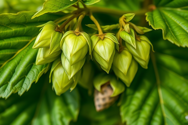 high-resolution macro shot of green hop leaves and cone with vibrant colors, soft natural lighting, 100mm f/2.8 macro lens, ISO 100, shutter speed 1/200 sec, taken from a low angle for depth, DSLR camera