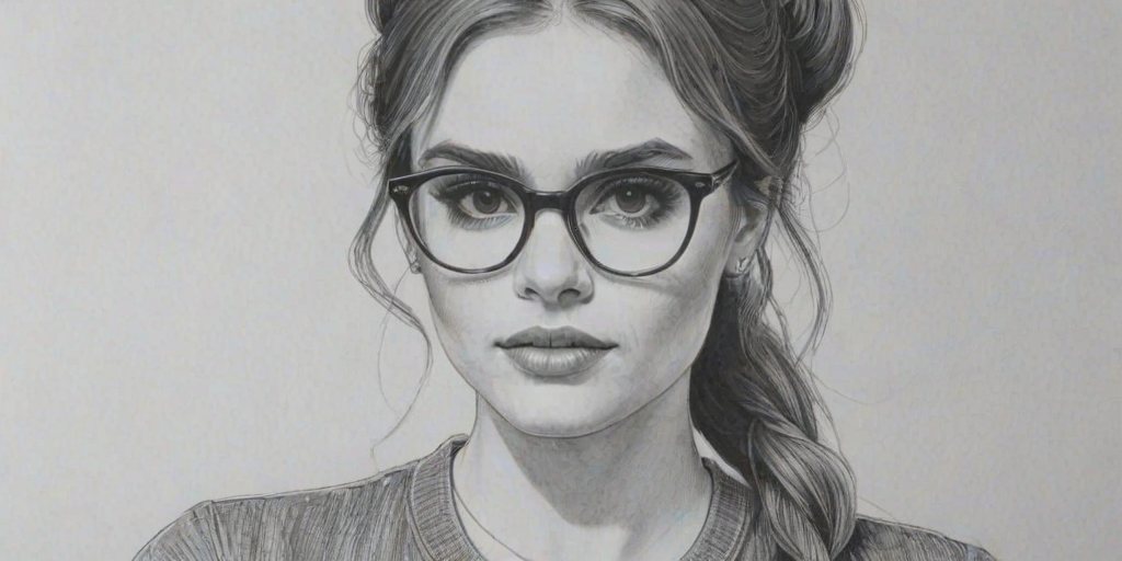 Fascinating Holland Roden, pencil sketch, portrait of Fetching woman 1967s in glasses, hair style beatnik, outline, clear lines, fine lines, 8k