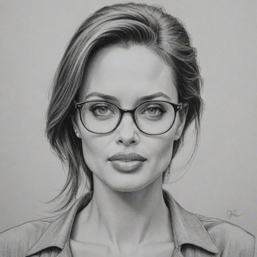 Alluring Angelina Jolie, pencil sketch, portrait of Alluring woman 1955s in glasses, hair style beatnik, outline, clear lines, fine lines, 8k