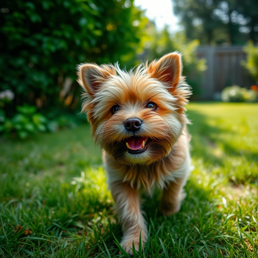 Regenerate an image of a small, fluffy dog with a happy expression walking in a green yard, camera settings: f/2.8 aperture, ISO 200, shutter speed 1/500, camera view: eye level, camera style: natural light, camera type: DSLR.