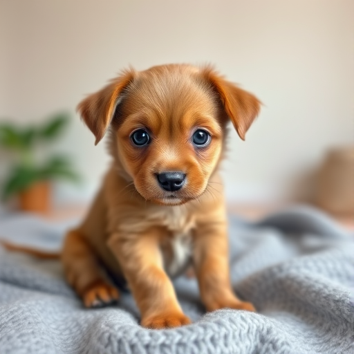 Cute brown puppy with big expressive eyes sitting on a soft gray blanket in a well-lit room, looking directly at the camera with an adorable expression.