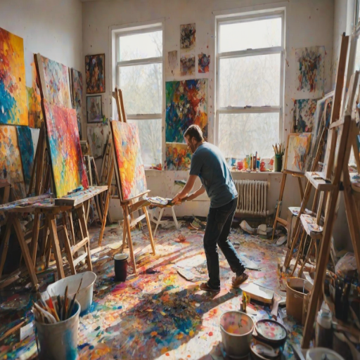 Artistic studio filled with canvases, a painter passionately working on a large piece, bright colors splattered everywhere, and sunlight illuminating the creative chaos.