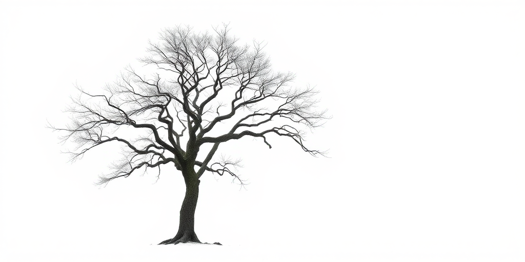 create a high-resolution image of a solitary tree with intricate branches against a soft white background, using a Canon EOS R5 camera, 50mm lens, aperture f/1.8, shutter speed 1/200s, ISO 100, in a minimalistic view.