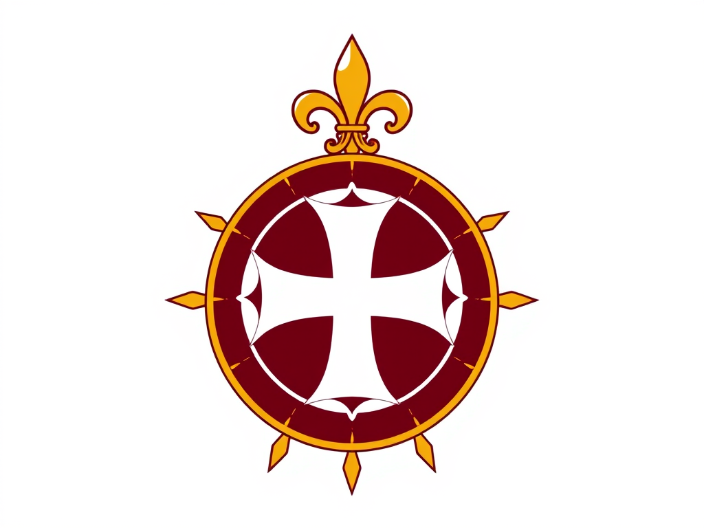 Create a high-resolution digital illustration of a circular emblem featuring a starburst design with a central white cross, surrounded by a maroon background and a decorative gold fleur-de-lis on top, using a DSLR camera at f/8 aperture, ISO 100, with a 50mm lens, shot in clear daylight for vibrant colors and sharp details.