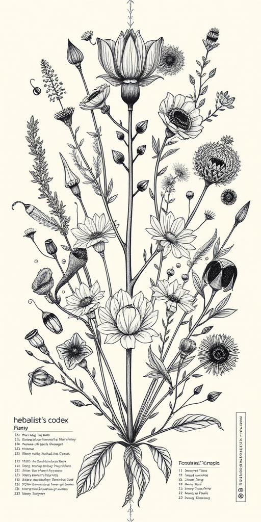 Botanical blackwork tattoo named "Herbalist's Codex" showcasing a detailed collection of medicinal plants and herbs, rendered in precise linework with varying line weights to create depth and texture, incorporating scientific labels and anatomical illustrations of plant structures