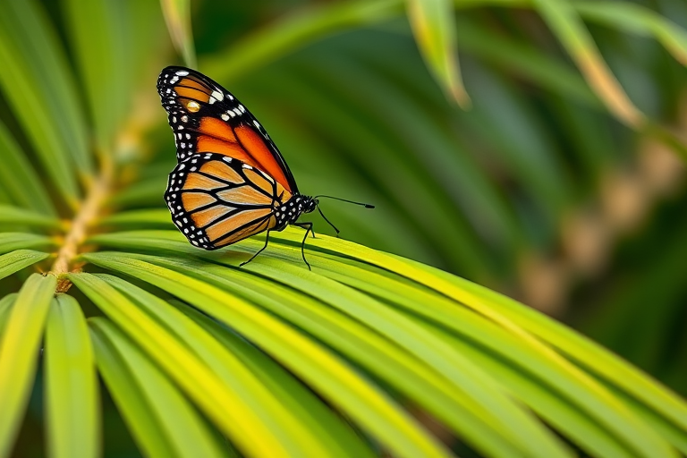 Monarch butterfly perched on green palm leaves, shot with a DSLR camera, 50mm lens, aperture f/2.8, shutter speed 1/250s, ISO 200, natural lighting, shallow depth of field, vibrant colors.