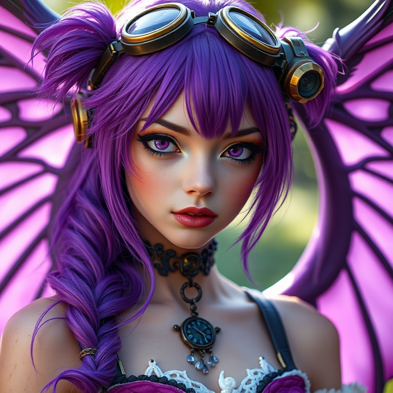 Create a high-resolution portrait of a fantasy character with purple hair and steampunk goggles, featuring intricate details in her outfit and wings, use a Canon EOS R5 with a 50mm f/1.2 lens, aperture set to f/1.8, ISO 100, and shoot in natural light from an angle that highlights her face and accessories.