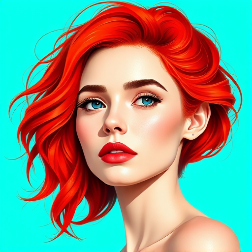 Create a digital illustration of a woman with vibrant red hair and a neutral expression, set against a bright turquoise background, using a Canon EOS R with a 50mm lens, aperture f/2.8, ISO 100, and natural lighting to enhance details and colors.