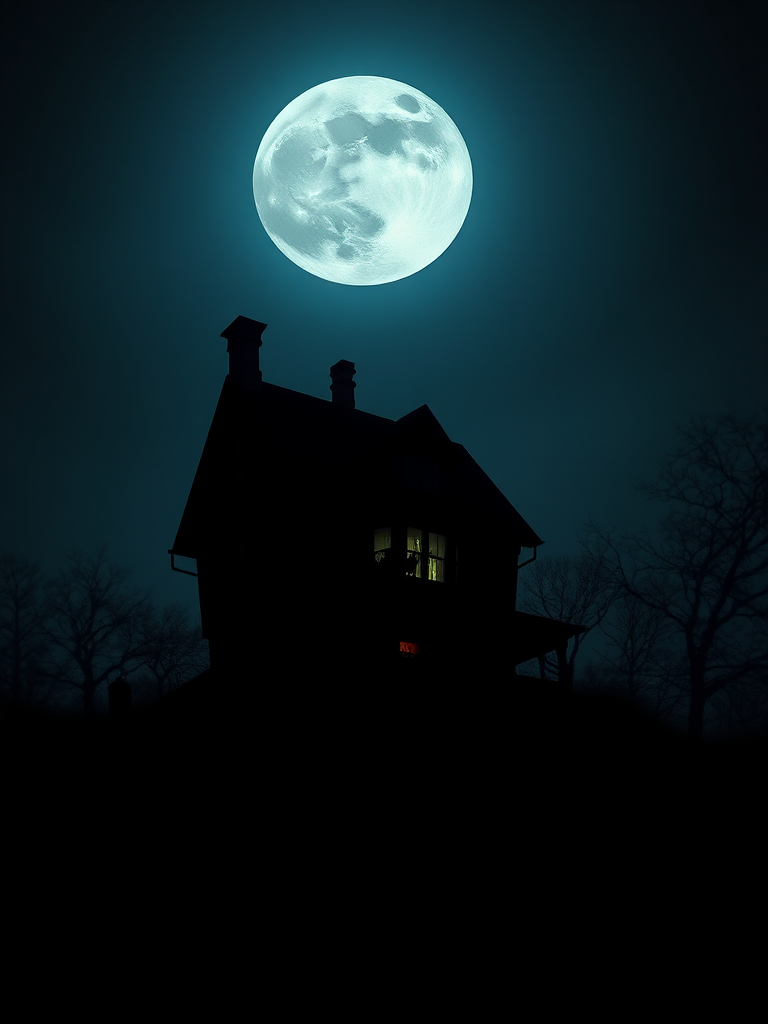 Regenerate a spooky moonlit scene featuring a large full moon illuminating a silhouette of a tilted haunted house on a hill with faint gravestones, use a DSLR camera, aperture f/8, ISO 100, shutter speed 1/60s, wide-angle lens, night mode.