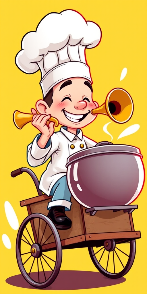 Create a vibrant cartoon image of a smiling character in a chef's outfit playing a horn while riding a cart with a large pot, use a bright yellow background, capture it with a DSLR camera, 24mm lens, f/8 aperture, 1/250 sec shutter speed, and enhance the colors with a high saturation filter.