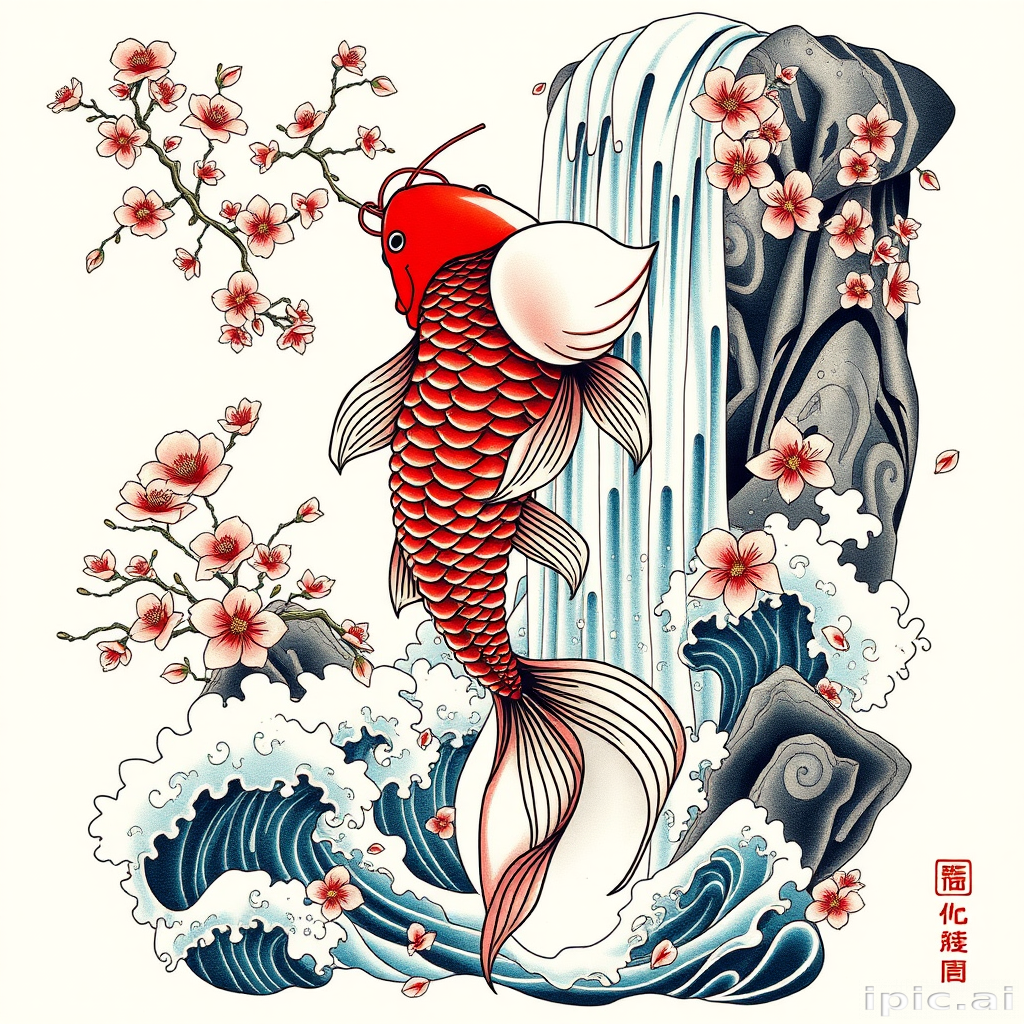 Japanese-inspired irezumi tattoo named "Koi Ascension" with a large, flowing koi fish swimming up a cascading waterfall, surrounded by cherry blossoms and waves, ideal for a full back or sleeve design