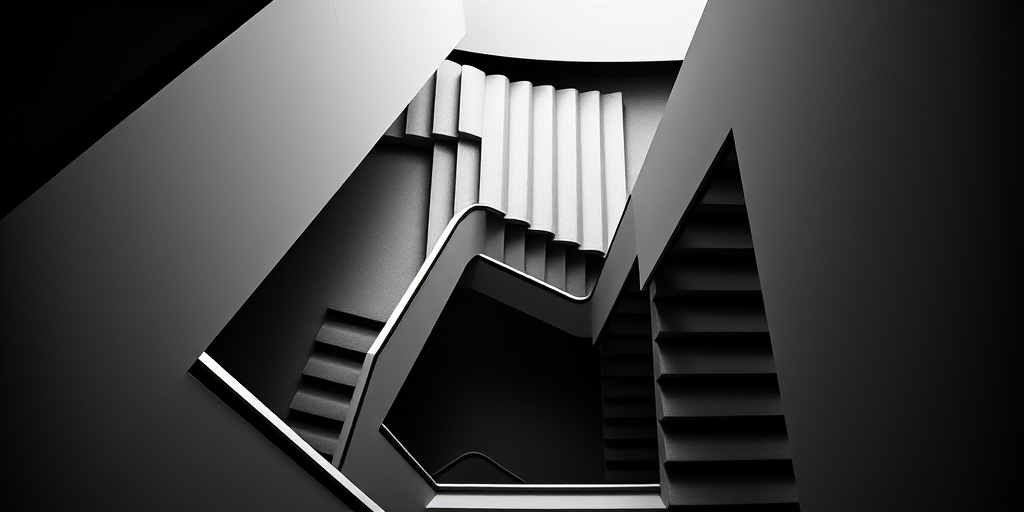 Create an abstract monochrome staircase design with sharp geometric shapes, high contrast, and dynamic movement, captured using a DSLR camera at f/8 aperture, 1/125 sec shutter speed, ISO 200, 50mm lens, top-down view, and minimalistic style.