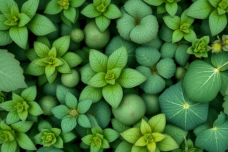 Regenerate an illustration of various green plants and leaves, focusing on intricate details and textures, shot with a Canon EOS R5 at f/4, ISO 100, 1/125s, in a top-down view with natural lighting and a shallow depth of field to enhance image quality.