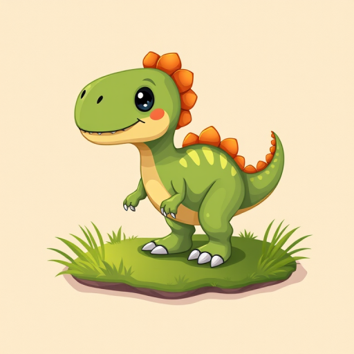 create a cute cartoon dinosaur standing on a green patch of grass, background with a subtle beige texture, camera settings: ISO 100, aperture f/4, shutter speed 1/250s, camera view: close-up, camera style: vibrant colors, camera type: digital illustration