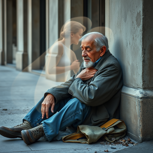 beautifully weathered old homeless veteran sitting on the ground slumping against the wall of a building with his eyes closed. there is an Ethereal, translucent figure of a beautiful elderly woman comforting him
