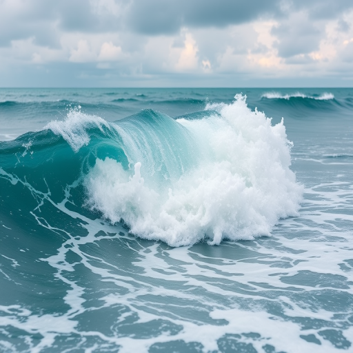 generate an image of ocean waves with a mix of turquoise and white frothy foam under a cloudy sky