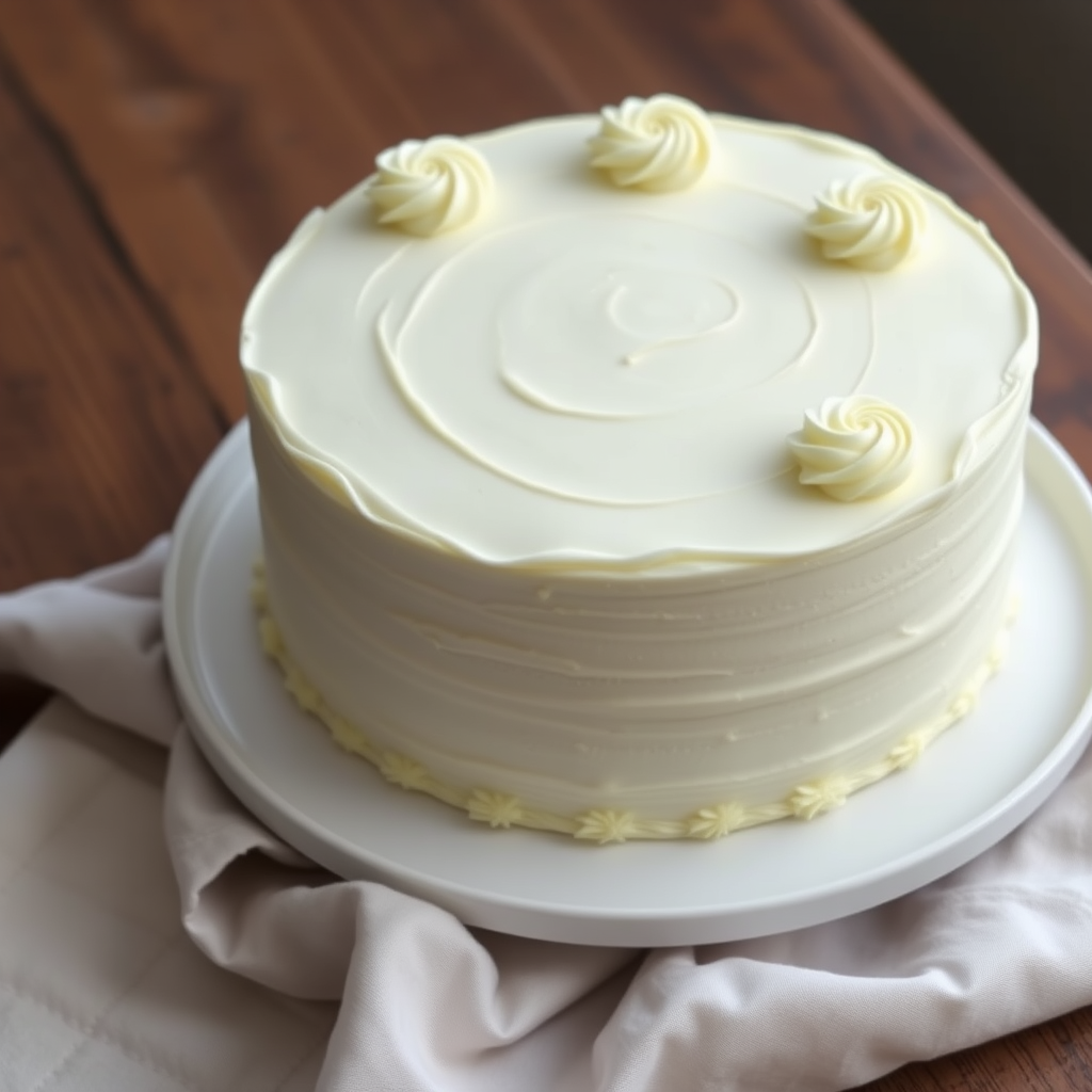 Create an image of a round white cake with smooth icing and decorative swirls on the top and bottom edges set on a white plate on a wooden table with a soft cloth beside it. The cake should have a textured finish on the sides and be topped with small white chocolate shavings. The background should be softly blurred to emphasize the cake.