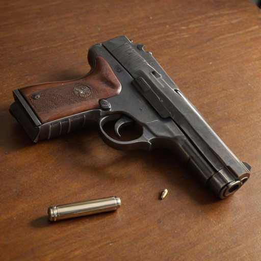 shiny skin, handgun resting on desk , mature, adult"