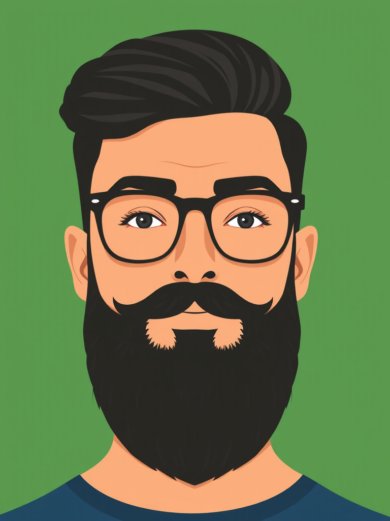 Create a vector graphic of a bearded man with glasses, minimalistic style, flat colors, green background, use a 50mm lens, f/1.8 aperture, ISO 100, shoot from eye level, enhance sharpness and contrast for a clean look.