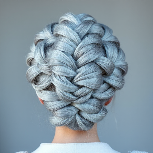 Intricate braided updo featuring a mix of silvery gray and pale blue strands woven into an elaborate crown-like structure, evoking an icy queen's regal appearance named Frost Empress