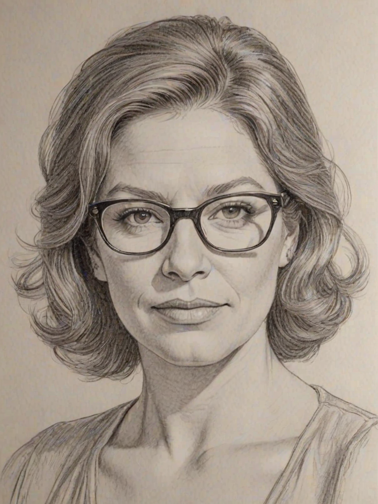 Enticing Mindy Cohn, pencil sketch, portrait of Enchanting woman 1974s in glasses, hair style beatnik, outline, clear lines, fine lines, 8k