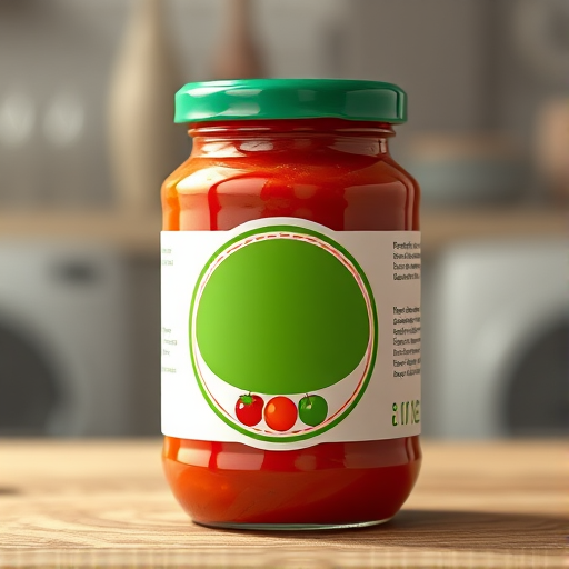 Create a high-resolution digital illustration of a jar of pasta sauce with a green lid and a label featuring an oval shape and tricolor design, using a DSLR camera with a 50mm lens, f/2.8 aperture, 1/60 shutter speed, and 100 ISO, with a focus on vibrant colors and sharp details against a blurred background.