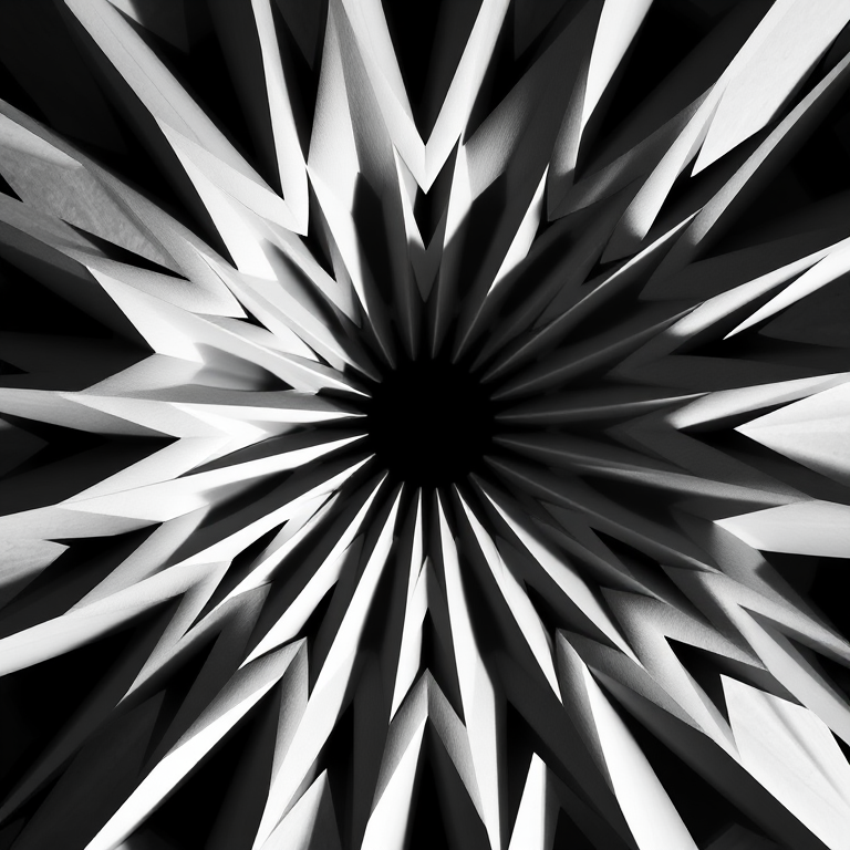 create an explosion of geometric shapes radiating outwards in high contrast black and white, captured with a DSLR camera using a 50mm lens at f/4, ISO 100, shutter speed 1/200s, in a top-down view with a sharp focus and crisp details