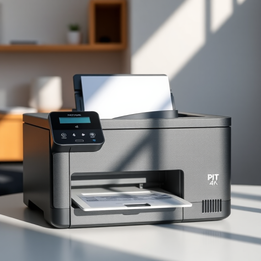 Create a high-resolution image of a modern printer with a sleek black design, side view, natural lighting, 50mm lens, f/2.8 aperture, ISO 100, crisp details, and high contrast.