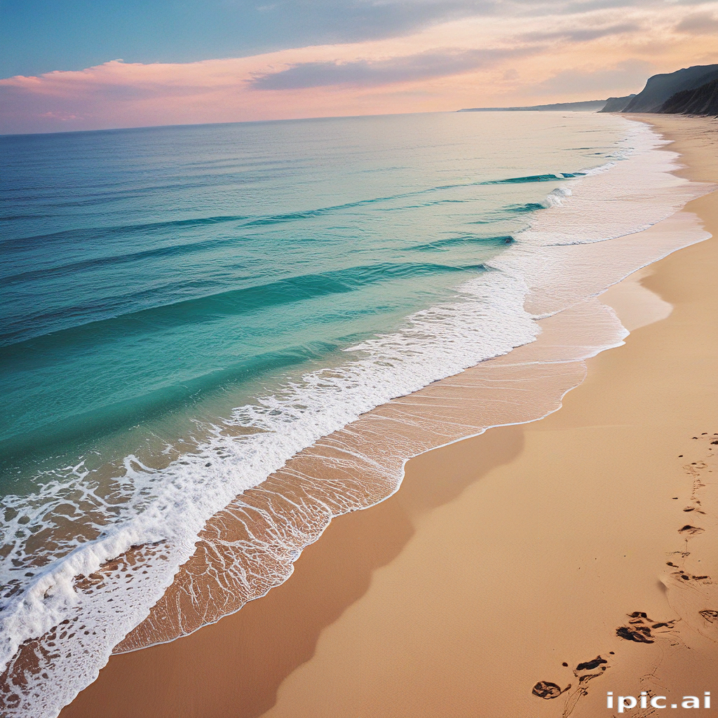 Tranquil Beach Scene at Sunset with Gentle Waves and Soft Sand