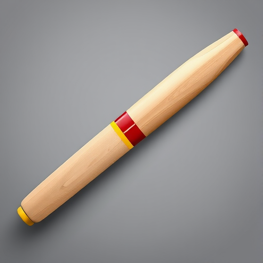 Create a high-resolution illustration of a cricket bat with a red handle and a yellow blade, captured with a Canon EOS 5D Mark IV, 50mm lens, f/2.8 aperture, in a studio setting with soft lighting for enhanced detail and clarity.