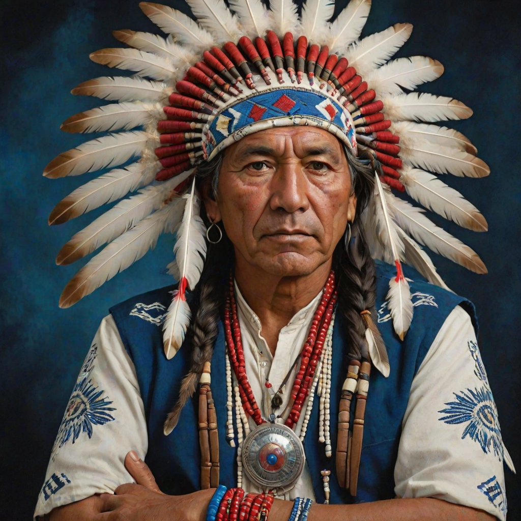 Create a dignified portrait of a Native American man dressed in traditional attire. He wears a beautifully crafted headdress adorned with white feathers and red beads, along with a beaded headband featuring intricate patterns. His clothing includes a deep blue, patterned shirt and a traditional chest piece with detailed beadwork. His arms are crossed, displaying leather armbands decorated with feathers. The background is simple and neutral, emphasizing his proud and stoic expression. The overall image captures the rich cultural heritage and strength of his persona.
