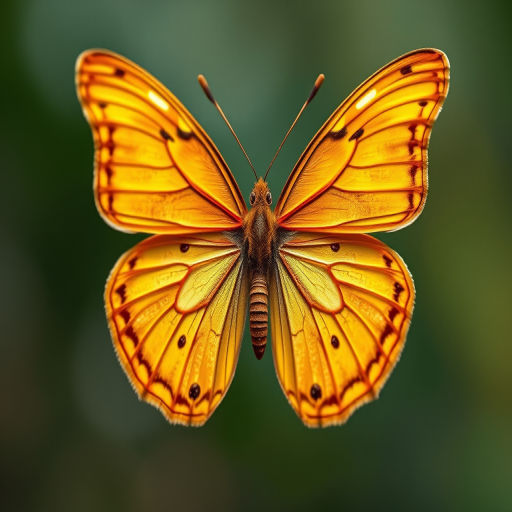 Create a detailed high-resolution 3D rendering of a golden butterfly with intricate wing patterns, using a Canon EOS R5 camera with a 50mm f/1.2 lens, ISO 100, f/8 aperture, and a soft-focus background for depth.