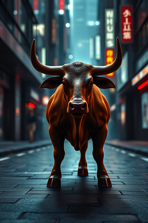 Create a hyper-realistic image of a low-poly bull standing in a futuristic, dimly lit urban street, using a wide-angle lens at f/2.8, ISO 200, and a shutter speed of 1/60 seconds, captured with a DSLR camera to enhance detail and depth.