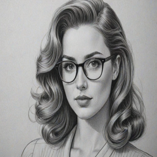 Beauteous Demi Burnett, pencil sketch, portrait of Attractive woman 1939s in glasses, hair style beatnik, outline, clear lines, fine lines, 8k