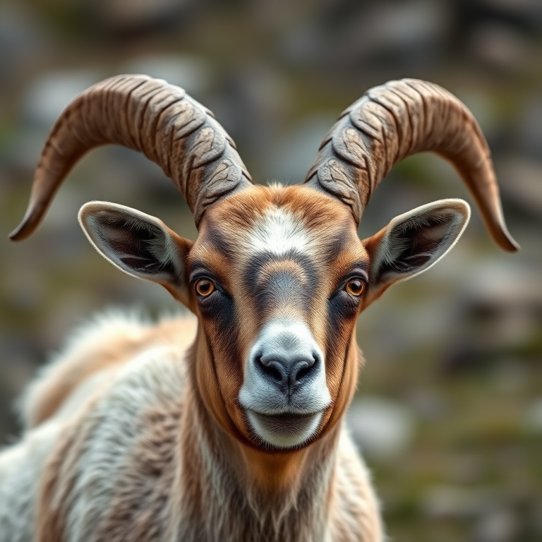 Regenerate an image of a majestic mountain goat with prominent curved horns in a natural setting, captured with a Canon EOS 5D Mark IV, 85mm lens, aperture f/4, ISO 200, natural lighting, shallow depth of field, focusing on the goat's face with a blurred background to enhance detail and texture.