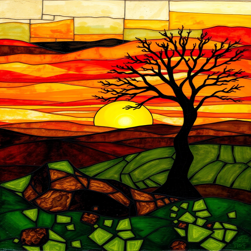 A vibrant abstract painting on Tiffany Glass, blending acrylic and alcohol ink techniques, captures a dramatic sunset over rolling hills. The artwork features a textured, rocky foreground in green and brown, layered abstract hills, and a striking sunset in rich oranges, yellows, and reds. A solitary black tree with intricate branches contrasts against the fiery sky, creating a dynamic and expressive portrayal of a breathtaking natural scene.