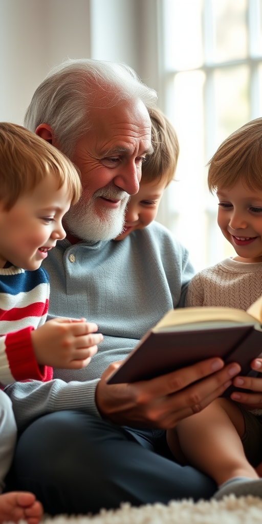 Create a heartwarming scene of an elderly man reading a book to three young children, capturing their expressions of joy and curiosity, use a Canon EOS R5 with an 85mm f/1.2 lens, aperture set to f/2.8, ISO 100, natural soft lighting from the side, shallow depth of field, in a bright and airy indoor setting.