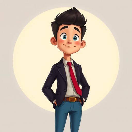 generate a cartoon character of a young man standing confidently with short black hair, wearing a dark blazer over a light shirt, a red tie, and blue jeans, with a circular soft light background to enhance focus, shot with a digital camera at 50mm focal length, f/2.8 aperture, ISO 100, in a vibrant color style