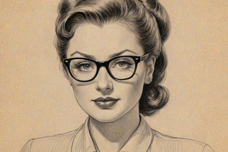 Bewitching Lauren Ash, pencil sketch, portrait of Fascinating woman 1941s in glasses, hair style beatnik, outline, clear lines, fine lines, 8k