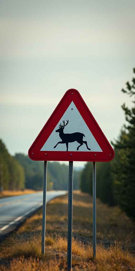 Create an image of a red triangular road sign with a silhouette of a deer in motion, captured with a DSLR camera at f/8 aperture, 1/250 sec shutter speed, ISO 100, in a slightly elevated wide-angle view for clarity and detail.