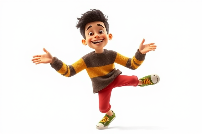 Generate an animated character of a young man dancing with a joyful expression, wearing a brown and yellow striped sweater and red pants, captured with a DSLR camera at f/2.8 aperture, ISO 100, with a 50mm lens, in bright, vibrant colors and a clean, white background for clarity.