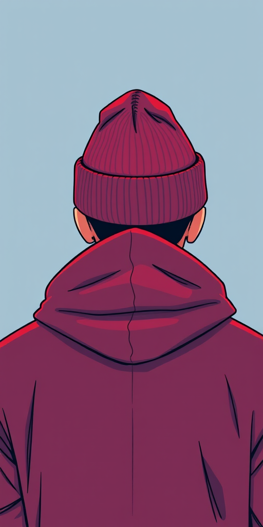 Create an illustration of a person wearing a red beanie and a hooded jacket, viewed from behind, focusing on clean lines and vibrant colors, with a digital art style, using a Canon EOS R5, aperture f/2.8, shutter speed 1/100s, ISO 100, and ensure sharp focus on the subject.