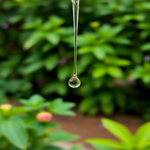 High-resolution photo of a single drop of water suspended in mid-air, frozen in time, soft light reflecting off its surface, with the blurred outline of a lush green garden in the background.