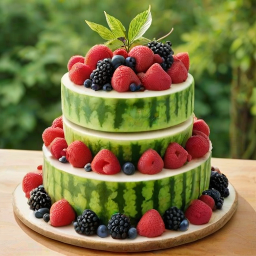 Create an image of a three-tiered cake made of watermelon, decorated with an assortment of fresh berries and fruits like strawberries, blackberries, grapes, and cherries. The cake should be placed on a wooden serving board, surrounded by green foliage for a vibrant, outdoor feel.