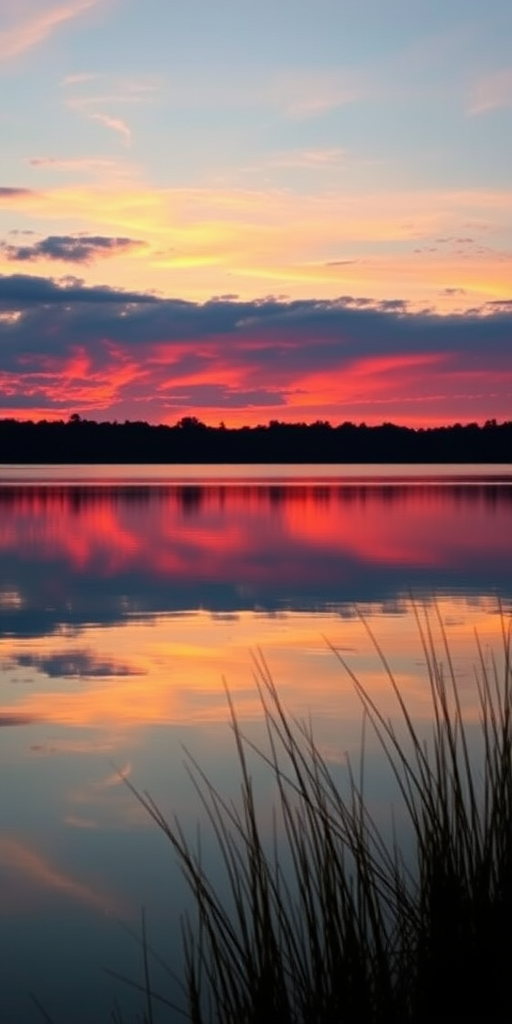 Generate an image of a serene sunset over a calm lake, with vibrant orange and pink hues reflected on the water surface, wide-angle view, f/11 aperture, ISO 100, 1/100 sec shutter speed, shot with a DSLR camera.