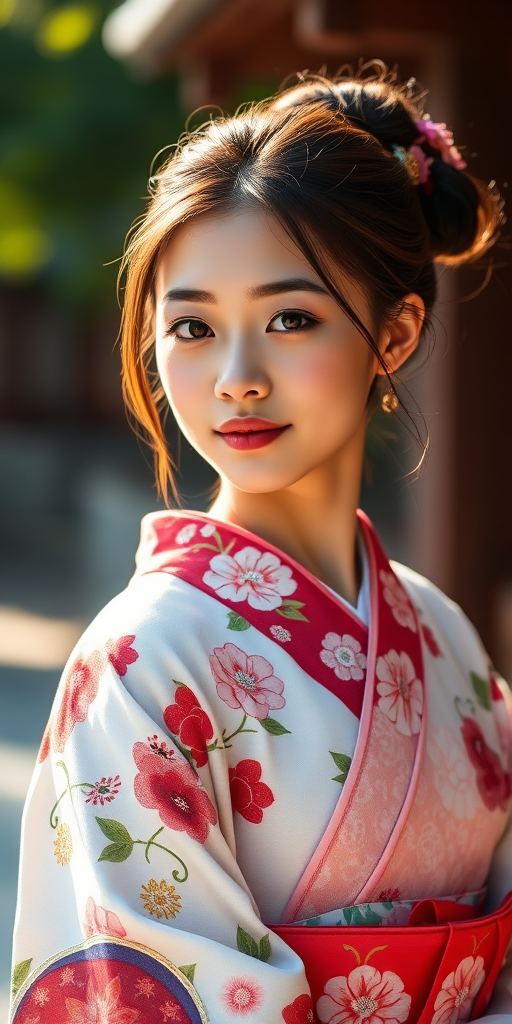 portrait of a young woman in traditional kimono outdoors with soft natural lighting, 85mm lens, f/1.8 aperture, shallow depth of field, DSLR camera, vibrant colors, high detail.