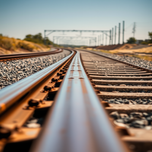 A close-up shot of railway tracks curving into the distance, with sharp focus on the gravel and metal ties, taken with a DSLR camera at f/2.8 aperture, ISO 100, 1/500 sec shutter speed, in bright sunlight, using a wide-angle lens for an expansive view.