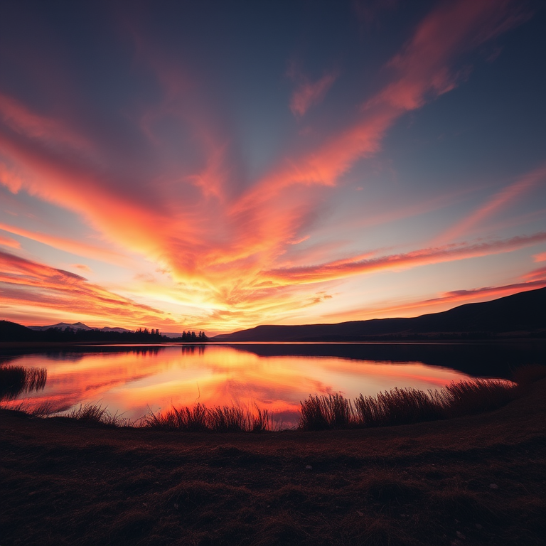 Capture a high-resolution image of a tranquil landscape at sunset, with vibrant orange and pink skies reflecting in a calm lake, using a DSLR camera with a 24mm lens, aperture set to f/8, ISO 100, shutter speed 1/160s, taken from a low angle perspective for depth.