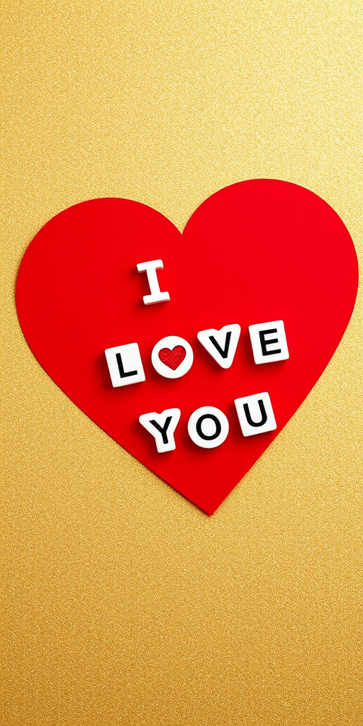 Create an image of a large red heart shape made of craft paper on a shimmering gold background, featuring white letter beads arranged to say "I LOVE YOU," captured with a DSLR camera at f/2.8 aperture, 55mm focal length, and natural light for enhanced detail and warmth.